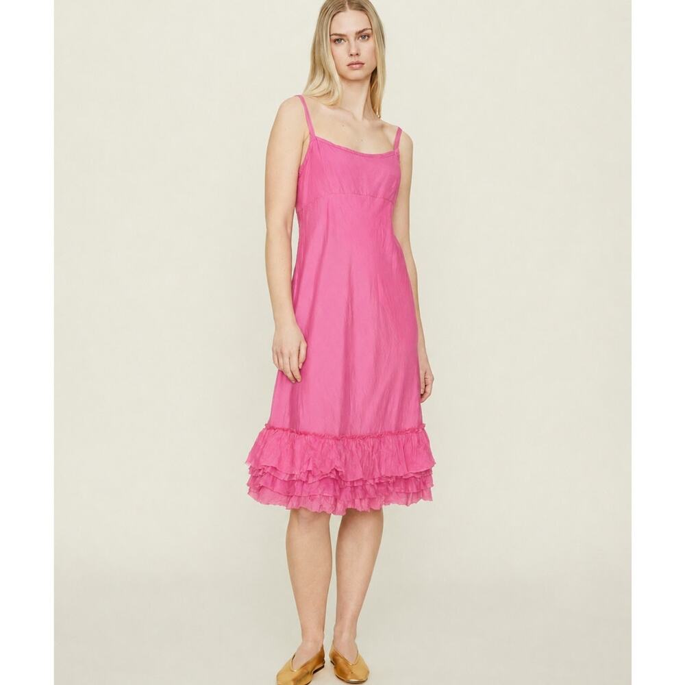dosa 100% Silk Slip Dress Scoop Neck Spaghetti Strap Tiered Ruffle Hem Midi Pink